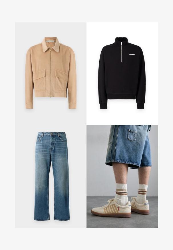 Giacca in corduroy beige con zip frontale, maniche lunghe, colletto e due tasche frontali. Caratterizza un tessuto testurizzato e un design corto.; Felpa nera con zip realizzata in un tessuto misto cotone, con colletto alto, maniche lunghe e un dettaglio del logo frontale.; Jeans a palazzo azzurri chiari con lavaggio sbiadito, dotati di chiusura con un bottone, cinque tasche e cuciture in contrasto.; Sneaker retro beige con suola in gomma marrone, dotate di dettagli a righe e loghi ricamati. Indossate con calze bianche e dettagli marroni a righe.