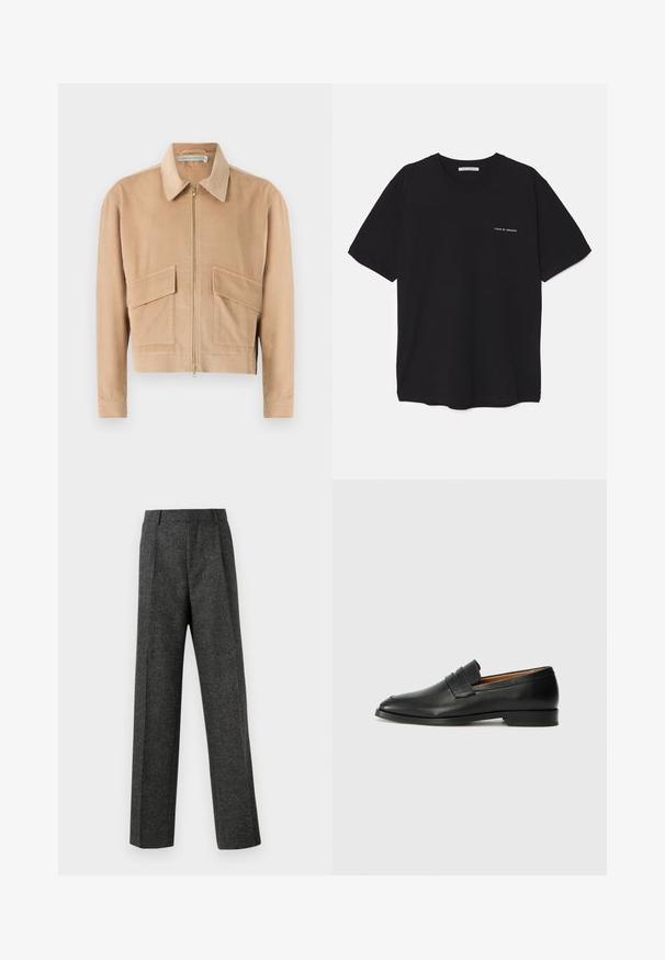 Beige kordfløyelsjakke med glidelås i front, lange ermer, krage og to lommer foran. Har strukturert stoff og en kroppet design.; Svart bomull T-skjorte med rund hals, korte ermer, og hvit logo trykk på venstre bryst. Enkel, ensfarget design.; Grå skreddersydde bukser laget av teksturert stoff, med to frontpleater og rette ben. Ingen synlige lommer eller dekorasjoner.; Svart skinnloafer med rund tå, subtilt sydd detaljering og lav hæl, med en glatt tekstur og minimalistisk design.
