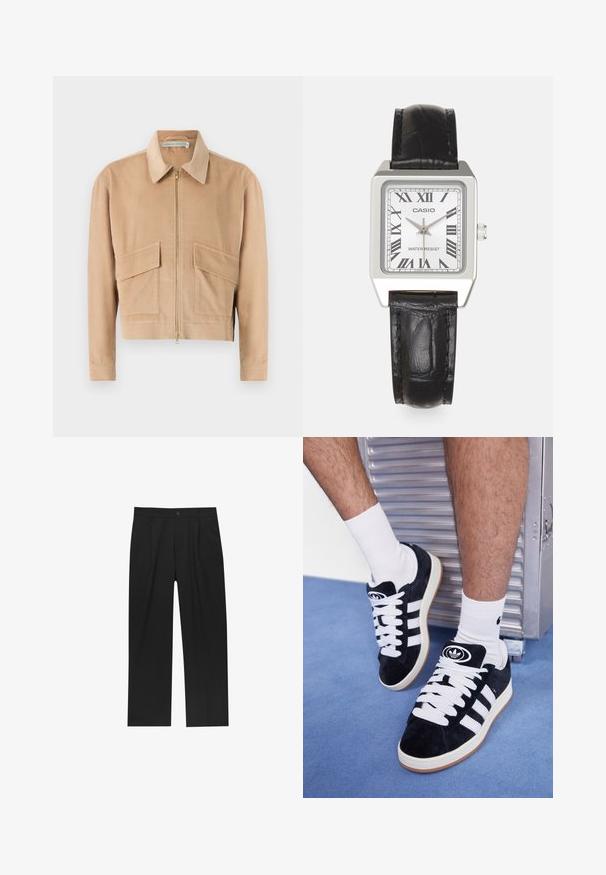 Giacca in corduroy beige con zip frontale, maniche lunghe, colletto e due tasche frontali. Caratterizza un tessuto testurizzato e un design corto.; Polo a maniche corte in crema con texture a costine e colletto piatto. Presenta un orlo dritto e un materiale morbido per il comfort.; Pantaloni neri con un design a gamba dritta, realizzati in un tessuto liscio. Presentano pieghe frontali e una chiusura a un bottone in vita.; Sneakers in suede nero con lacci bianchi e tre strisce bianche. Presentano un logo circolare nero sulla linguetta e una suola in gomma color gomma.; Orologio quadrato argento con quadrante bianco, numeri romani neri e testo "RESISTENTE ALL'ACQUA". Cinturino in pelle nera con finitura testurizzata.