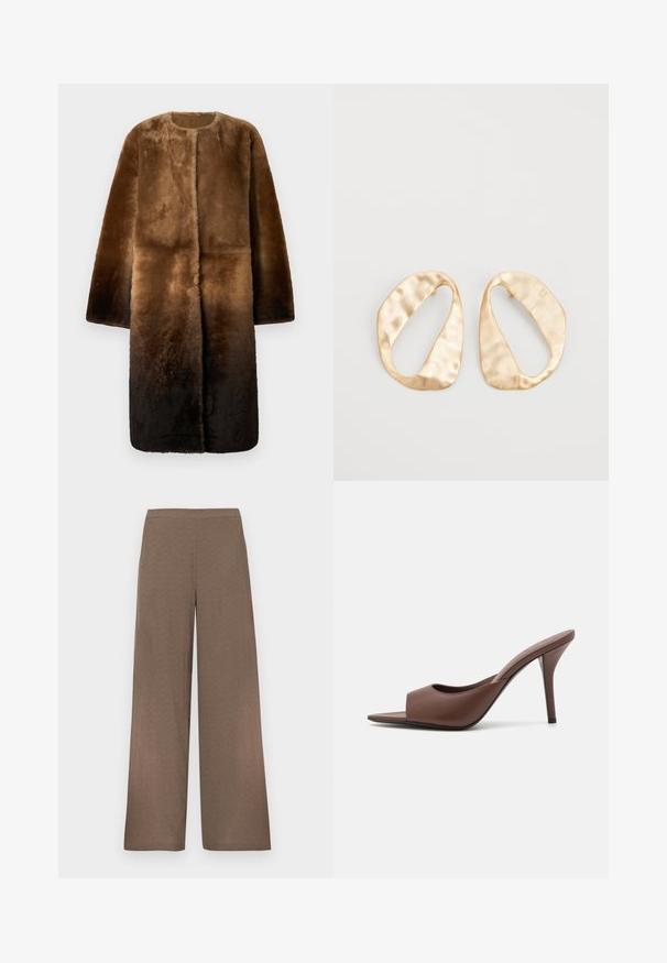 Rudas dirbtinės kailio striukė su apvaliu iškirpimu, ilgu rankovėmis ir ombre efektu, pereinančiu nuo šviesiai rudos iki tamsiai rudos. Minkšta tekstūra.; Trumpomis rankovėmis, smėlio spalvos, ribbinis marškinėliai su matomomis siūlėmis rankovėse ir kaklo iškirpte, atidžiai padėti ant balto fono.; Plačios rudos kelnės su plokščia liemenės juosta, be matomų kišenių ar užsegimų, rodomos ant balto fono.; Rudi odos atviri aukšti kulniukai su elegantišku dizainu, turinčiu plačią priekinę juostą ir siauromis stiletto kulkšnimis.; Nedidelis nereguliarus ovalo formos aukso tono metalinių auskarų pora su tekstūruota, šiek tiek kalta paviršiumi ant balto fono.