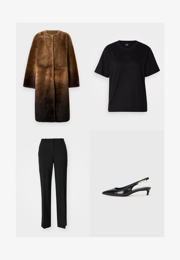 Barna műszőrme kabát kerek nyakkivágással, hosszú ujjakkal és ombre hatással, ami világosbarna színről sötétbarnára halad. Puha textúra.; Fekete pamut póló kerek nyakkivágással, rövid ujjakkal és hímzett logóval a mellkasán. Egyszerű, laza szabás, minta nélkül.; Fekete, testhezálló nadrág egyenes szárú kivitelben, sima textúrával és éles redőkkel az elején. Nincs látható fémalkatrész.; Fekete bőr slingback magassarkúk, hegyes orral, vékony sarkakkal és arany színű részlettel a állítható pánton. Simа felület.