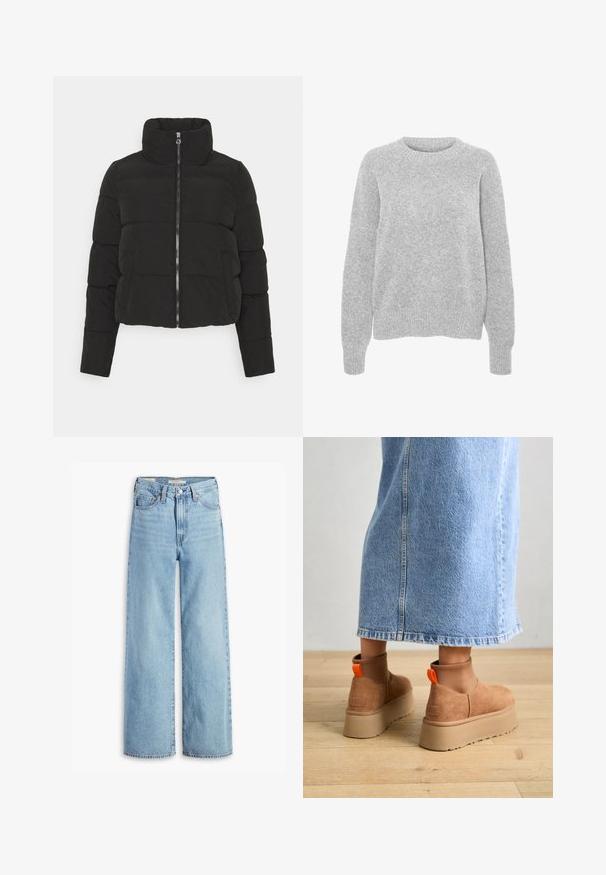 Čierna skrátená puffová bunda s vysokým golierom, predným zipsom a prešitými panelmi pre textúru. Má hladkú, matnú látku a bočné vrecká.; Sivý pletený sveter s dlhými rukávmi, okrúhlym výstrihom, rebrovanými manžetami a lemom, s mäkkou textúrou a voľným strihom.; Svetlomodré široké nohavice s vysokým pásom, predným gombíkom a zipsom, pútka na opasok a štýl s piatimi vreckami.; Hnedé zamskové platformové čižmy s elastickými bočnými panelmi a oranžovými ťahákmi, v kombinácii s sukňou z ľahkého denimu po kolená, na drevenej podlahe.