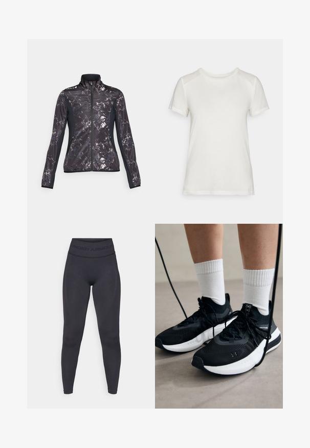 Fekete és szürke sportdzseki márványos mintával, magas gallérral, cipzáras záródással és eltérő fekete oldalsó panelek. Cipzáras zsebekkel rendelkezik.; Fehér, rövid ujjú póló puha anyagból, kerek nyakkivágással és laza szabással, sima, varrat nélküli vállrész kiemelésekkel.; Fekete leggings magas elasztikus derékkal, amelyen az "UNDER ARMOUR" felirat szerepel. Sima textúra, finom mintázat kiemelésekkel a lábak mentén.; Fekete sportcipők textúrált anyagból, fehér talppal és fekete fűzőkkel. Fehér bordázott zoknikkal viselve, világos felületen állva.