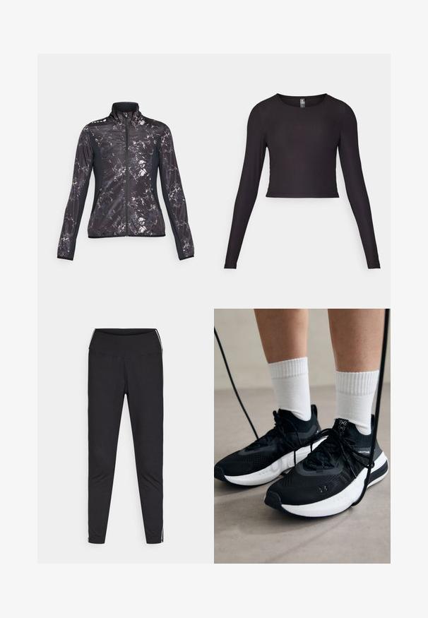 Schwarze und graue Sportjacke mit einem marmorierten Muster, hohem Kragen, Reißverschluss und kontrastierenden schwarzen Seitenpaneelen. Verfügt über Reißverschlusstaschen.; Schwarzes, langärmliges, cropped Oberteil aus Rippstoff. Mit rundem Ausschnitt und figurbetonter Silhouette mit strukturierten Oberflächen.; Schwarze Leggings aus dehnbarem Stoff. Hoher Bund, schmaler Schnitt, mit weißen Seitenstreifen entlang der äußeren Nähte. Glatte Textur.; Schwarze Sportschuhe aus strukturiertem Stoff, mit weißer Sohle und schwarzen Schnürsenkeln. Tragen mit weißen gerippten Socken, stehen auf einer hellen Fläche.