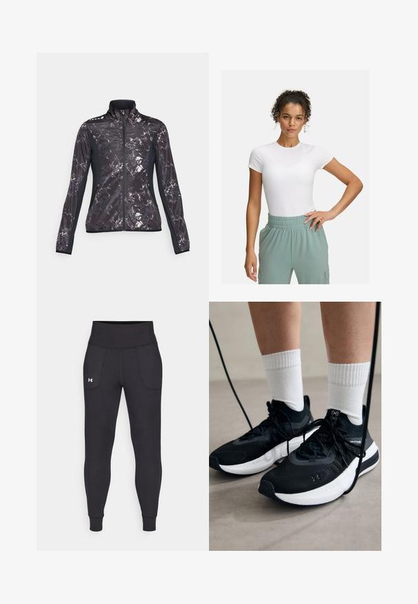 Juodas ir pilkas sportinis švarkas su marmuro raštu, aukštu kraštu, užtrauktuku ir kontrastingomis juodomis šoninėmis dalimis. Yra užtrauktuku užsegamos kišenės.; Baltas prigludęs marškinėliai su trumpomis rankovėmis, derinami su šviesiai žaliomis elastingomis kelnėmis. Lygi tekstūra, minimalistinis dizainas, be akivaizdžių raštų.; Juodos sportinės leginsai, pagaminti iš tamprių medžiagų, su aukštu juosmeniu, šoninėmis kišenėmis ir priglundančiomis blauzdų manžetėmis.; Juodi sportiniai batai su tekstūruotu audiniu, balta padu ir juodais raiščiais. Dėvimi su baltais raištiniais kojiniais, stovint lengvame paviršiuje.