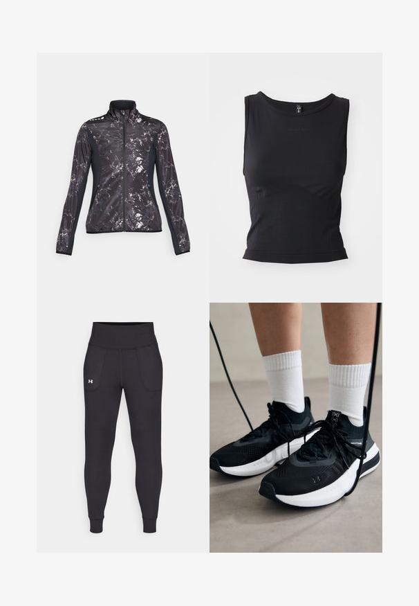 Juodas ir pilkas sportinis švarkas su marmuro raštu, aukštu kraštu, užtrauktuku ir kontrastingomis juodomis šoninėmis dalimis. Yra užtrauktuku užsegamos kišenės.; Juodas be rankovių sportinis marškinėlis, pagamintas iš lygaus audinio, su apvaliu iškirpimu ir prigludusia siluetu, su subtiliu logotipo akcentu.; Juodos sportinės leginsai, pagaminti iš tamprių medžiagų, su aukštu juosmeniu, šoninėmis kišenėmis ir priglundančiomis blauzdų manžetėmis.; Juodi sportiniai batai su tekstūruotu audiniu, balta padu ir juodais raiščiais. Dėvimi su baltais raištiniais kojiniais, stovint lengvame paviršiuje.