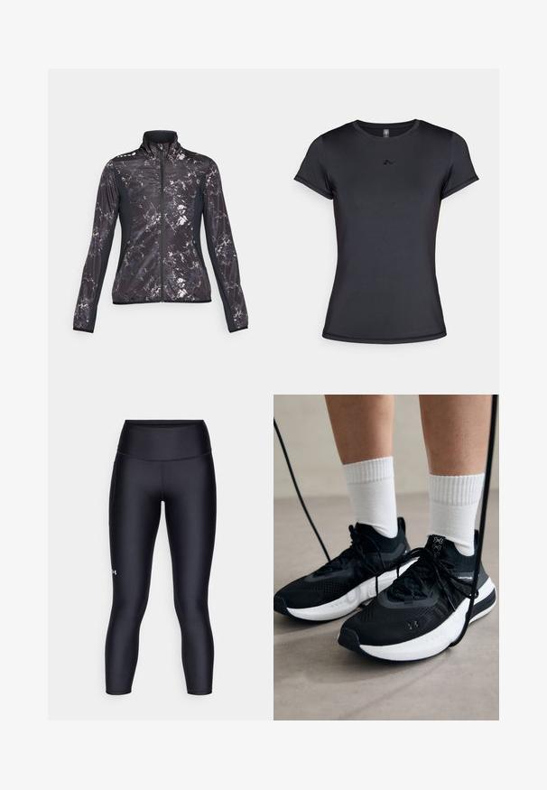 Schwarze und graue Sportjacke mit einem marmorierten Muster, hohem Kragen, Reißverschluss und kontrastierenden schwarzen Seitenpaneelen. Verfügt über Reißverschlusstaschen.; Schwarzes Kurzarm-T-Shirt aus glattem, atmungsaktivem Stoff mit einem minimalistischen Logodesign auf der Vorderseite. Klassischer Rundhalsausschnitt.; Schwarze Leggings aus glattem, dehnbarem Material. Hoch geschnittenes Design mit enganliegendem Sitz und einem kleinen Logo auf dem linken Bein.; Schwarze Sportschuhe aus strukturiertem Stoff, mit weißer Sohle und schwarzen Schnürsenkeln. Tragen mit weißen gerippten Socken, stehen auf einer hellen Fläche.