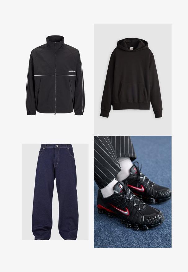 Jachetă ușoară neagră cu guler înalt, fermoar frontal și dungi albe accent pe umeri și piept. Mansete elastice. Logo pe piept.; Hanorac negru Levi's cu buzunar tip kangur pe față și un logo brodat discret pe piept, expus pe un fundal deschis simplu.; Jeans din denim de culoare albastru închis, cu o croială relaxată, având un sistem de închidere cu nasturi, cinci buzunare și cusături în contrast pe sărmă.; Pantofi sport negri cu accente roșii și argintii, materiale din plasă și sintetice texturate, design cu șireturi și talpă confortabilă vizibilă.