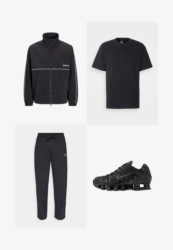 Sort letvægtsjakke med høj krave, frontlynlås og hvide aksentstriber på skuldrene og brystet. Elastiske manchetter. Log på brystet.; Nike sort bomulds t-shirt med en klassisk rund hals, korte ærmer og et diskret, præget logo på brystet. Glat tekstur.; Sorte sweatpants lavet af blødt stof med elastisk talje, snøre og et lille Nike-logo på venstre lår.; Sort atletisk sko med en overdel i mesh og syntetisk materiale, der har et ribbet design, snørebånd og en kraftig sål med synlige støddæmpende enheder.