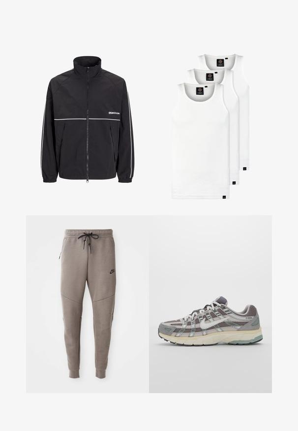 Czarna, lekka kurtka z wysokim kołnierzem, zamek z przodu oraz białe akcenty na ramionach i piersi. Elastyczne mankiety. Logo na piersi.; Trzy białe prążkowane koszulki na ramiączkach wykonane z bawełny. Posiadają okrągły dekolt i małe czarne metki blisko dolnego brzegu. Dostępne w różnych rozmiarach.; Szare dresy Nike z elastycznym pasem ze sznurkowym zapięciem, zwężanymi nogawkami, bocznymi kieszeniami i wyraźnymi detalami szwów. Miękka, teksturowana tkanina.; Szare buty sportowe z siateczkowym i zamszowym wierzchem, białymi akcentami, amortyzowaną podeszwą oraz charakterystycznym designem z elementami odblaskowymi.
