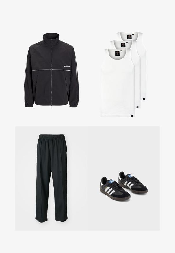 Schwarze, leichte Jacke mit hohem Kragen, Vorderreißverschluss und weißen Akzentstreifen auf den Schultern und der Brust. Elastische Bündchen. Logo auf der Brust.; Drei weiße, gerippte Tanktops aus Baumwolle. Merkmale einen Rundhalsausschnitt und kleine schwarze Etiketten am Saum. In mehreren Größen erhältlich.; Schwarze Sporthosen mit elastischem Bund, aus glattem Stoff, mit dezenten Seitennähten und einem entspannten Schnitt, mit geradem Bein.; Schwarze Sneaker mit einem Obermaterial aus Wildleder und Synthetik, ausgestattet mit drei weißen Streifen, einer strukturierten Gummi-Sohle und einem blauen Logo-Tag auf der Zunge.