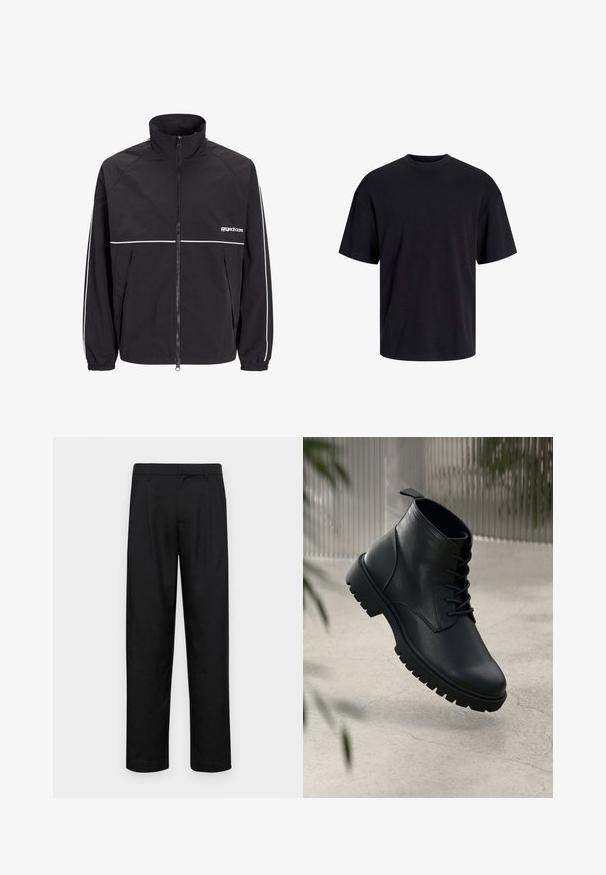Black lightweight jacket with a high collar, front zipper, and white accent stripes on the shoulders and chest. Elastic cuffs. Logo on the chest.; Black cotton t-shirt with a crew neckline, short sleeves, and a relaxed fit. Smooth texture and no visible patterns or accents.; Black trousers made of smooth fabric, featuring a straight-leg design, two front pleats, and standard waistband with belt loops.; Black leather ankle boots with a rounded toe, lace-up design, and rugged rubber sole. Smooth texture with a pull tab at the back.
