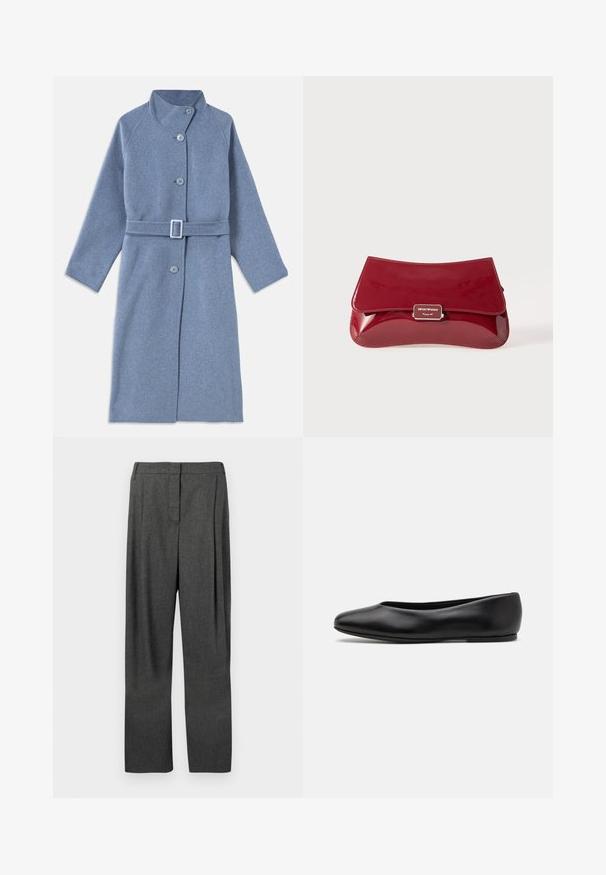 Dolg modro volneno plašč s stoječim ovratnikom, dolgimi rokavi, sprednjimi gumbi in ujemajočim se pasom s pravokotno sponko.; Bela srajca z dolgimi rokavi in gumbnim zapenjanjem, z mandarin ovratnikom in skrito gumbnico, prikazana na belem ozadju.; Sive prilagojene hlače iz tkanine s tkanjem, ki imajo ravno nogavico, sprednje gube in gladko teksturo.; Paul Smith TOPANGA - Balerinke - black; Rdeča lakasta usnjena torbica z ukrivljenim dizajnom, preklopnim pokrovom in kovinskim logotipom na srebrni plaketi. Gladka, sijajna tekstura.
