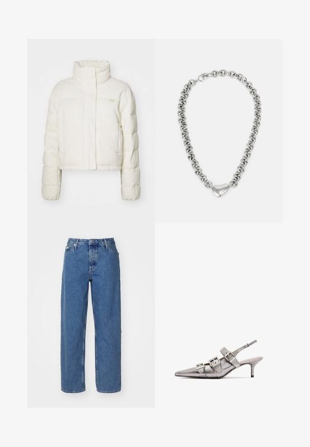 Balta paminkštinta striukė su grublėta tekstūra, aukštu kaklu ir ilgomis rankovėmis. Su priekiniu zip uždarymu ir mažu logotipu ant krūtinės.; Šviesiai rožinis medvilninis marškinėliai su apvalia apykakle, su sidabriniu siuvinėtų "Calvin Klein" logotipu ir subtiliu "CK" dizainu ant krūtinės.; Šviesiai mėlyni džinsai su aukštu liemeniu, tiesaus silueto dizainu, penkiais kišenėmis ir šiek tiek išblukusiu tekstūru. Prisegamas ir mygtuko užsegimas.; Metalinis sidabro spalvos slingback kulnas su smailiu pirštu, turintis tris plačias juosteles ir kvadratinius metalinius užsegimus. Blizgi tekstūra ir plonas kulnas.; Sidabrinė grandinėlė su sujungtais apvaliais žiedais ir poliruotu širdies formos akcentu centre. Įtraukta saugi užsegimo sistema.