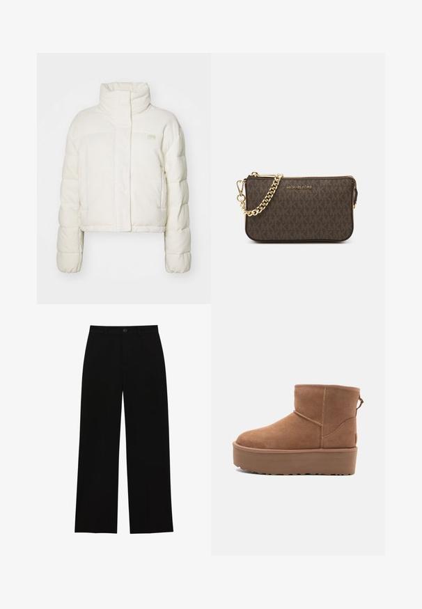 Biela prešívaná bunda s ryhovanou textúrou, vysokým golierom a dlhými rukávmi. Má predný zips a malé logo na hrudi.; Svetlo béžový rebrovaný rolák s dlhým rukávom a priliehavým strihom, s vysokým golierom. Obsahuje decentnú logovú nášivku na leme. Hladká textúra.; Čierne, vysoké, široké nohavice z hladkej látky, s plochým predným dielom, zapínaním na gombík a bez viditeľných vreciek.; Hnedé semišové členkové čižmy s platformou, okrúhlou špičkou a zdobením stehov; majú slučku zozadu pre jednoduché obúvanie.; Hnedá kožená crossbody taška s logom, zlatým reťazcom, zipsovým uzáverom a zlatými prvkami. Kompaktnej a obdĺžnikovej forme.