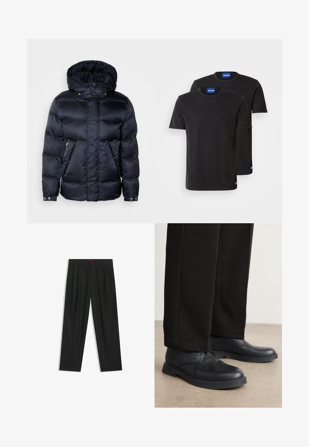 Dunjacka i mörk marinblå med ett quiltat mönster, med huva, dragkedjefickor och knappstängningar vid ärmarna. Slät, glänsande yta.; Två svarta bomullströjor med rund hals, korta ärmar och blå "HUGO"-etiketter på kragarna och sidorna.; Svarta byxor med vikta detaljer, bred benform och en slät textur. Har en röd midjebandsetikett.; Svarta läderskor med rund tå, platt sula och minimal detaljering. Matchas med skräddarsydda svarta byxor som har en jämn yta.