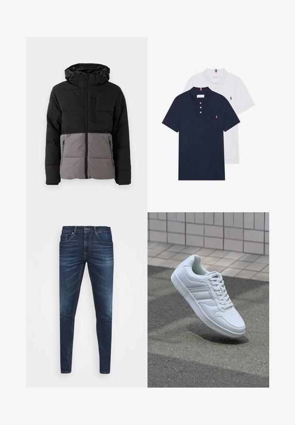 Juodai pilkas pūkinis švarkas, su užtrauktuku priekyje, kapučonu, dviem šoninėmis kišenėmis ir viena krūtine kišene, su kvadratiniu siuvinėjimu.; Du keturių marškiniai: vienas tamsiai mėlynas ir vienas baltas, abu su mažais raudonais, baltais ir mėlynais akcentais ant krūtinės kišenės ir apykaklės.; Tamsiai mėlynos džinsinės kelnės su liesu siluetu, subtiliu nusidėvėjimu, penkiomis kišenėmis ir metaliniu mygtuku užsegimui. Įsiūtos akcentai kontrastinga spalva.; Baltos sportinės kedai su lygaus odos viršumi, raišteliais priekyje, perforuotu kojų pirštu ir raštuotu padu. Minimalistinis dizainas su trimis šoninėmis juostelėmis.