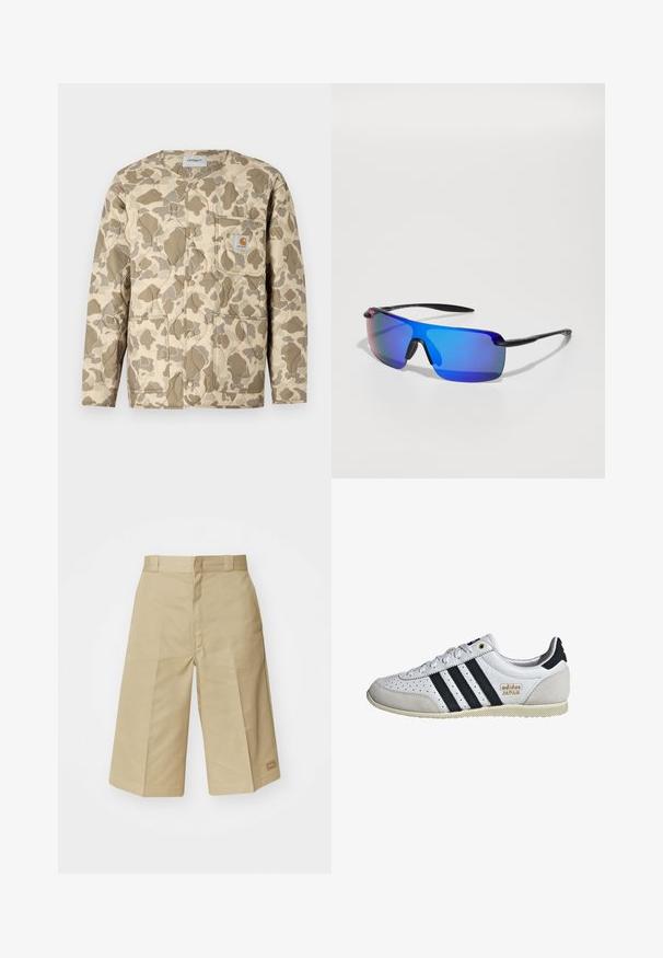 Jachetă bej matlasată cu un model de camuflaj maro și bej, având un închidere cu nasturi snap, un buzunar aplicat și buzunare laterale.; adidas Performance SEA TEE - Bluză sport - olive strata; Culotte din bumbac bej cu un design pe măsură, având talie înaltă, pliseuri și cusături vizibile. Include un mic logo pe margine.; Tenis alb cu dantele negre și branding auriu. Dispune de materiale din suede și piele, parte superioară perforată și talpă din cauciuc texturat.; Ochelari de soare pentru sport cu ramă neagră, lentile albastre cu oglindă, formă unghiulară și suporturi pentru nas din cauciuc pentru aderență. Lentilele au o nuanță gradient.; Geantă de umăr din material textil negru, cu suprafață texturată, logo alb, accente verzi, curea ajustabilă și buzunar frontal cu fermoar. Formă compactă și triangulară.