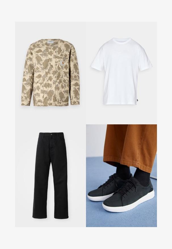 Kurtka pikowana w beżowym kolorze z brązowym i piaskowym wzorem kamuflażowym, z zapięciem na zatrzaski z przodu, kieszenią naszywaną oraz kieszeniami bocznymi.; Biała bawełniana koszulka z krótkim rękawem i okrągłym dekoltem. Posiada małe, dyskretne logo Nike na piersi oraz metkę po boku.; Czarne dżinsy o prostym kroju, z przednimi kieszeniami, zamkiem błyskawicznym i pojedynczym guzikem z przodu. Teksturowana tkanina o matowym wykończeniu.; Czarne zamszowe trampki z białymi gumowymi podeszwami, z wiązaniem, teksturowanymi akcentami i subtelnym logo, w połączeniu z brązowymi spodniami.