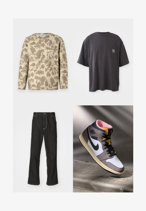 Slojevita bež jakna s smeškastim i tanjurskim kamuflažnim uzorkom, sa prednjim kopčanjem na dugmad, jednim patkom i bočnim džepovima.; Crna pamučna majica s kratkim rukavima, okruglim izrezom i džepom na lijevoj strani grudnog koša s kvadratnom oznakom. Jednostavan i neukrašen dizajn.; Crne traperice s opuštenim krojem, s kontrastnim bijelim šavovima, zakovicom za zatvaranje i ravnim nogavicama.; Visoke Nike Air Jordan tenisice u bijeloj, sivoj i crnoj boji s ružičastim unutrašnjim dijelom i žutim jezikom, postavljene na betonskoj površini.