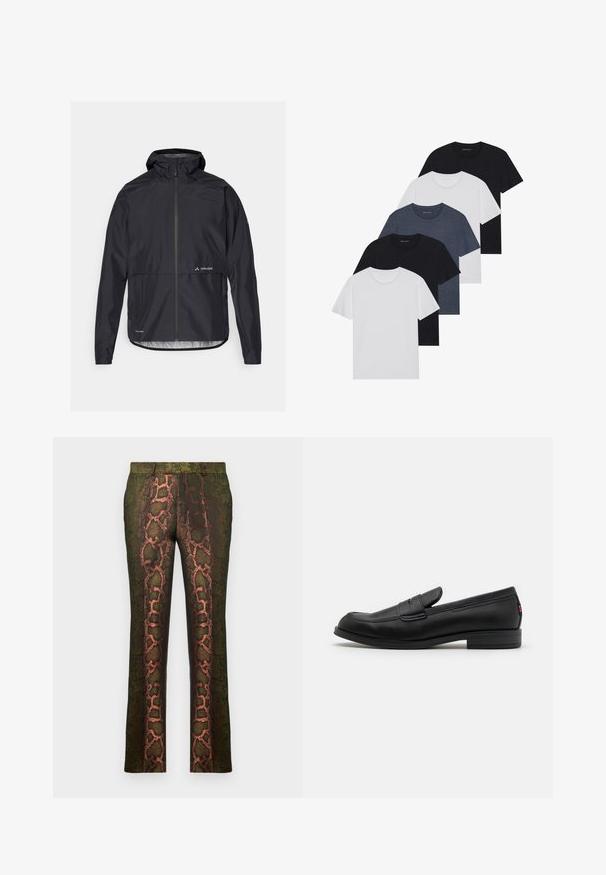 Chaqueta negra impermeable con capucha, cierre frontal completo y puños elásticos. Presenta un logo en el pecho y un corte recto en la cintura.; Conjunto de cinco camisetas en negro, blanco y azul marino. Tejido de algodón, de manga corta, diseño de cuello redondo y textura lisa sin patrones.; Pantalones verdes con estampado de serpiente en tonos marrones y naranjas, de corte recto y textura suave.; Mocasines de cuero negro con un acabado suave, punta redondeada y una pequeña solapa decorativa. Presentan un tacón bajo y apilado, así como un detalle sutil de marca.