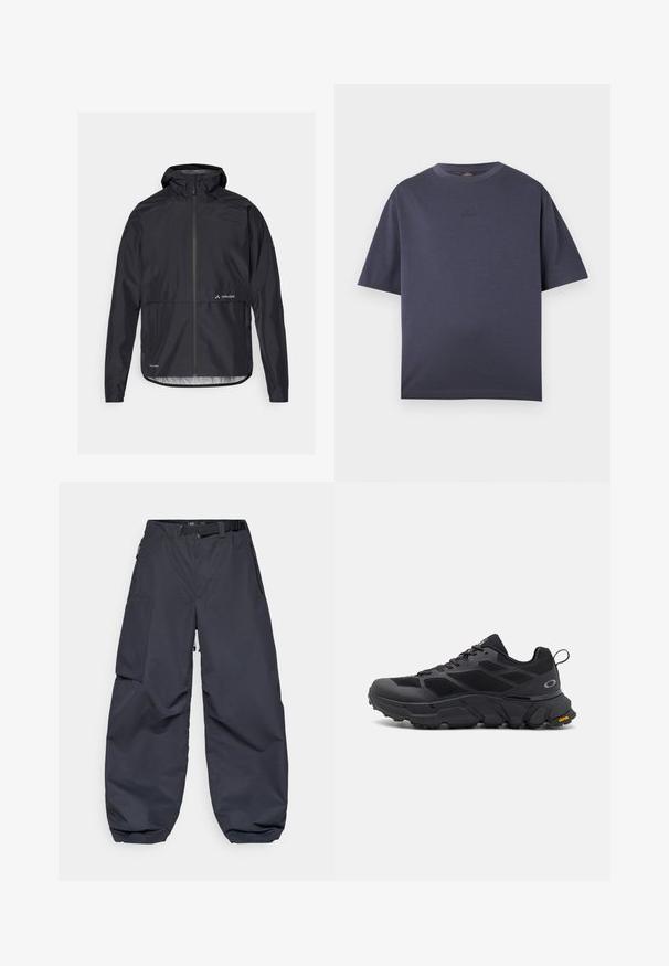 Jachetă neagră impermeabilă cu glugă, deschidere completă pe față și manșete elastice. Prezintă un logo pe piept și o tăietură dreaptă la talie.; Tricou bleu marin cu mânecă scurtă, realizat dintr-un amestec moale de bumbac. Guler rotund, croială lejeră, având un logo discret embosat pe piept.; Pantaloni cargo gri închis, dintr-un material moale și durabil. Aceștia au o croială largă și lejeră, numeroase buzunare și o curea la talie pentru ajustare.; Pantofi sport negri cu talpă groasă, upper din plasă și material sintetic, accente texturate și marcaj Vibram pe talpa exterioară.