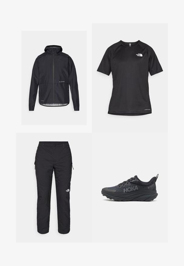Svart vanntett jakke med hette, full glidelås foran og elastiske mansjetter. Har en logo på brystet og rett snitt i midjen.; Svart kortermet treningstrøye med strukturert stoff, med en hvit logo på venstre bryst og rett kant.; The North Face WINTER EXPLORATION TAPERED CARGO - Friluftsbukser - black; Svart Hoka løpesko med mesh-overdel, teksturerte detaljer, og en tykk, polstret såle med avsmalnende kanter for forbedret støtte.