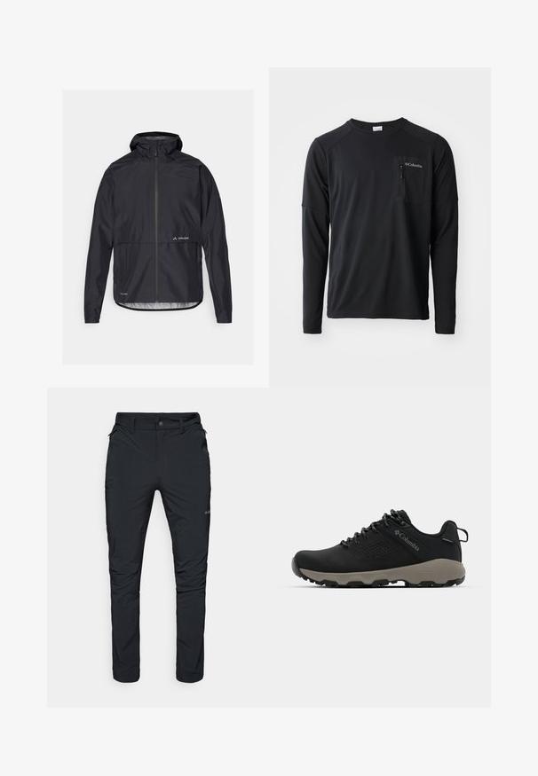 Svart vattentät jacka med huva, helt dragkedja fram och elastiska ärmslut. Har en logotyp på bröstet och rak skärning vid midjan.; Columbia COLUMBIA TECH™ LONG SLEEVE CREW - Långärmad tröja - black; Svarta utomhusbyxor med rak passform, med fickor med dragkedja, bältesholkar och en lätt, hållbar tygkvalitet.; Svart vandringsskor med en slät överdel, perforerat mönster, grå sula och förstärkt häl. Har snörning och en dragflik för enkel påtagning.