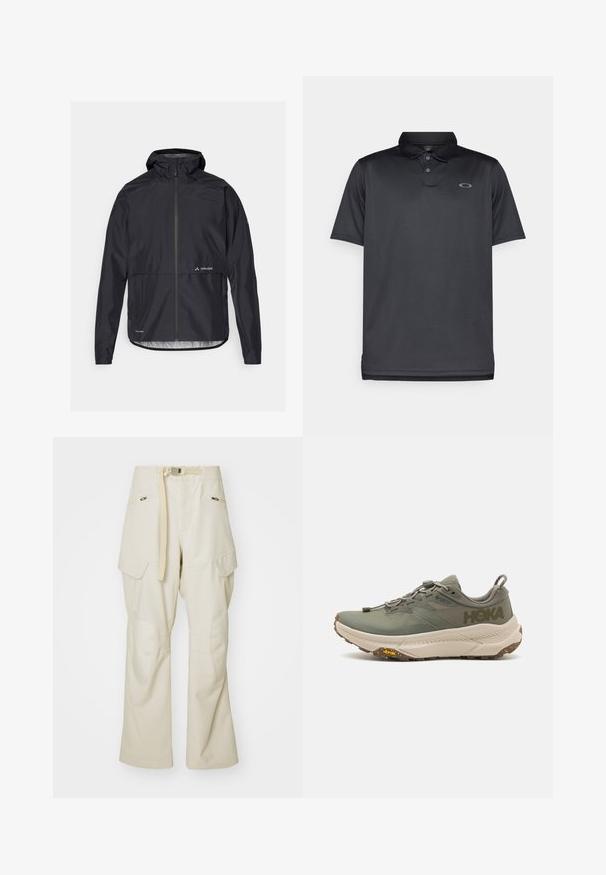 Black waterproof jacket with a hood, full zip front, and elastic cuffs. Features a logo on the chest and a straight cut at the waist.; Black polo shirt made of smooth fabric, featuring a collar, three buttons, short sleeves, and a small gray logo on the left chest.; Beige cargo pants with a wide leg, belted waist, two side pockets, and knee patches. Smooth texture with reinforced stitching details.; Green Hoka running shoe with Gore-Tex upper, textured accents, elastic laces, and thick beige outsole featuring Vibram logo.