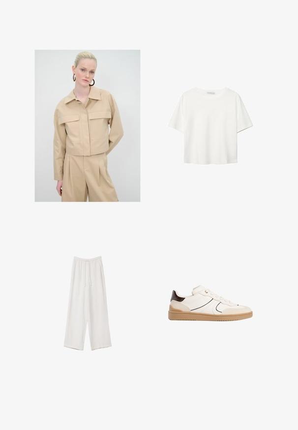 Beżowa kurtka na krótko z kołnierzykiem, dwoma przednimi kieszeniami i długimi rękawami. Gładka tekstura z minimalistycznym wzornictwem.; Biała koszulka z krótkim rękawem, wykonana z bawełny. Posiada okrągły dekolt i luźny krój. Gładka faktura bez widocznych wzorów czy akcentów.; Białe spodnie o szerokich nogawkach wykonane z lekkiego materiału. Posiadają elastyczny pas z sznurkiem i boczne kieszenie. Gładka tekstura.; Stradivarius - Sneakersy niskie