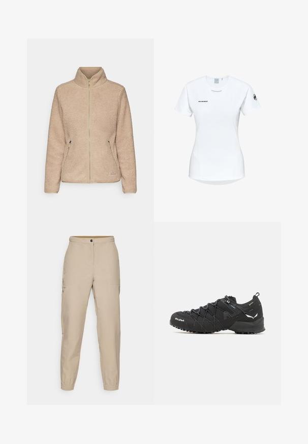 Veste en polaire beige avec un col haut, fermeture éclair sur le devant et deux poches latérales. Tissu texturé et doux avec des détails de couture subtils.; T-shirt de sport à manches courtes, blanc, avec un col rond, arborant un logo sur la poitrine et une texture de tissu lisse et léger.; Pantalons tapered beiges avec un front plat, des poches latérales, des poignets élastiques et une fermeture à bouton. Fabriqués en tissu lisse avec un léger éclat.; Chaussures de randonnée noires avec une tige en tissu texturé, un système de laçage et une semelle en caoutchouc robuste. Agrémentées de détails réfléchissants et de logos.