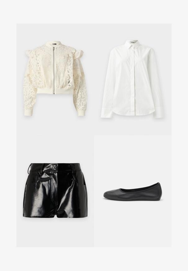 The Kooples BLOUSON - Summer jacket - off white; White cotton long-sleeve shirt with a pointed collar, button-front closure, and rounded hem. Smooth texture, regular fit, and no patterns.; Black, glossy shorts made of synthetic material. Features a fitted waist, belt loops, and front pockets with prominent stitching details.; Black leather ballet flat with a rounded toe, smooth texture, minimal stitching detail, and a flexible sole design.