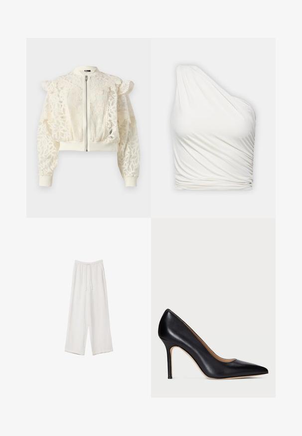 The Kooples BLOUSON - Poletna jakna - off white; Eno-rameni bela bluzica iz lahkotnega, drapiranega materiala. Ima naguban učinek na strani in gladko, tekočo zasnovo.; Bele široke hlače iz lahkega materiala. Imajo elastičen pas s vrvico in stranske žepe. Gladka tekstura.; Črne usnjene visoke pete s koničastim nosom in tankim stiletto peto. Gladka tekstura in minimalne podrobnosti ustvarjajo klasičen dizajn.