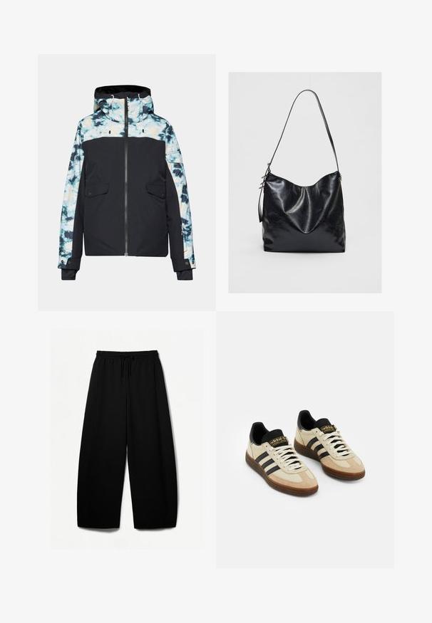 Čierna izolovaná bunda s batikovaným vzorom, so zipsom vpredu, kapucňou a dvoma prednými vreckami. Obsahuje kontrastné farebné akcenty a nastaviteľné šnúrky.; Svetlobežový krátky sveter, vyrobený z mäkkej pleteniny, má široký výstrih, spadnuté ramená a rebrované manžety a spodný okraj.; Čierne široké nohavice s elastickým pásom a šnúrkou na sťahovanie. Mäkko tkanina s hladkou textúrou. Priamy strih so bočnými švami.; Béžové semišové športové topánky s čiernymi koženými akcentmi, bielymi šnúrkami a hnedou gumovou podrážkou. Na každej strane sú tri čierne pruhy.; Čierna kožená taška cez plece s mäkkým, textúrovaným povrchom. Má zakrivený dizajn a jeden nastaviteľný popruh. Žiadny ďalší kovový prvok.