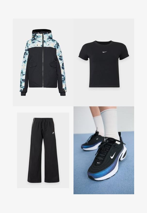 Mustmust ja tie-dye mustriga isoleeritud jakk, millel on lukuga esiosa, kapuuts ja kaks eesmist taskut. Omab kontrastseid värvi aktsente ja reguleeritavaid nöörisid.; Must have lühikeste varrukatega must t-särk, mis on valmistatud puuvillast ja millel on ümar kaelus. Ees on valge Nike logo, minimaalne disain ja sobiv kuju.; Mustad mustad püksid, mis on valmistatud pehmest kangast, elastse vöökoha ja nööriga, külgedel triibud ning väike logo vasakul ees.; Mustad mustad Nike tossud, millel on sujuv kangaste ülemine osa ja gradientne sinine-must disain, valge tallaga ja silmatorkavate logode aktsentidega.
