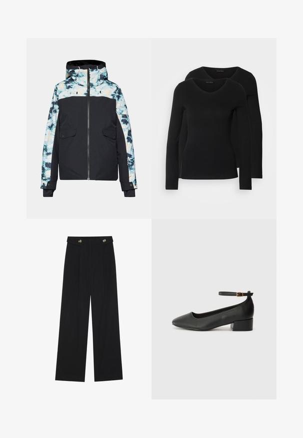 Giacca isolante nera con motivo tie-dye, dotata di zip frontale, cappuccio e due tasche anteriori. Presenta dettagli a contrasto e cordini regolabili.; Due camicie a maniche lunghe nere con design a V, realizzate in tessuto morbido e elasticizzato, che mostrano una superficie liscia e una forma aderente.; Pantaloni neri a gamba larga con vita alta, dettagli con bottoni in vita e pieghe frontali.; Pump in pelle nera con punta affusolata e tacco basso a blocco. Presenta una cinghia alla caviglia con una fibbia in tonalità oro. Texture liscia.