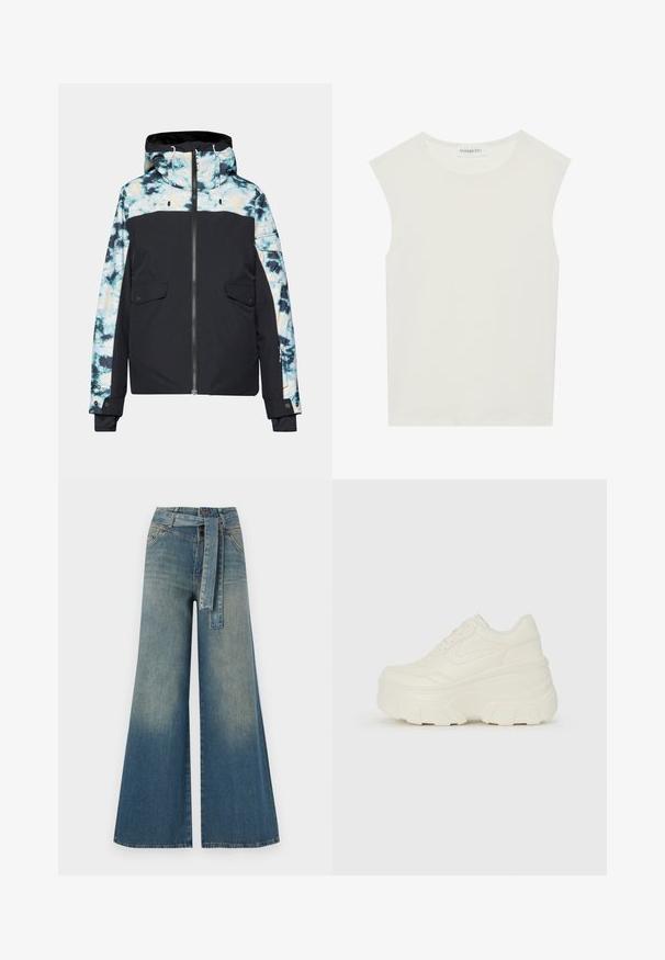 Čierna izolovaná bunda s batikovaným vzorom, so zipsom vpredu, kapucňou a dvoma prednými vreckami. Obsahuje kontrastné farebné akcenty a nastaviteľné šnúrky.; Biely bezrukávový top s okrúhlym výstrihom. Vyrobený z hladkého materiálu, má uvoľnený strih a minimalistický dizajn. Žiadne vzory alebo akcenty.; Džínsy s širokými nohavicami, ktoré majú prechod od svetlomodrej po tmavomodrú, vysoký pás, pútka na opasok a opasok z rovnakého materiálu. Textúrovaný denimový povrch.; Biele platformové tenisky s hladkým koženkovým svrchným materiálom, zaobleným tvarom, polstrovaným golierom a textúrovanou gumovou podrážkou s výrazným vzorom.
