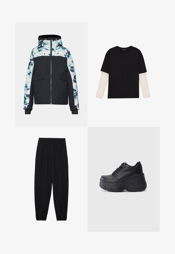 Jachetă izolată cu un model negru și tie-dye, cu fermoar frontal, glugă și două buzunare laterale. Prezintă accente de culoare contrastantă și șnururi ajustabile.; Tricou negru din bumbac, cu mâneci scurte, peste un strat alb cu mâneci lungi, având un model texturat subtil. Design cu guler rotund.; Pantaloni negri, ușori, cu un brâu elastic și tivuri strânse. Materialul este neted și are un design relaxat, conic.; Adidași negri cu șireturi, cu un toc gros, având partea superioară din piele netedă, vârf rotund și un design distinct de platformă stratificată.