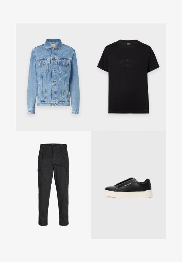 Light blue denim jacket with two chest pockets, silver buttons, and a straight cut. Displays faded texture and classic collar design.; Black cotton t-shirt with short sleeves and a round neckline. Features "ORIGINALS Studio" embossed in tonal lettering on the front.; Black cargo pants made of sturdy fabric, featuring multiple pockets, a button closure, and a slim fit design with tapered legs.; Black slip-on sneaker with textured leather upper, white rubber sole, and no visible laces. Features brand logo on the side.