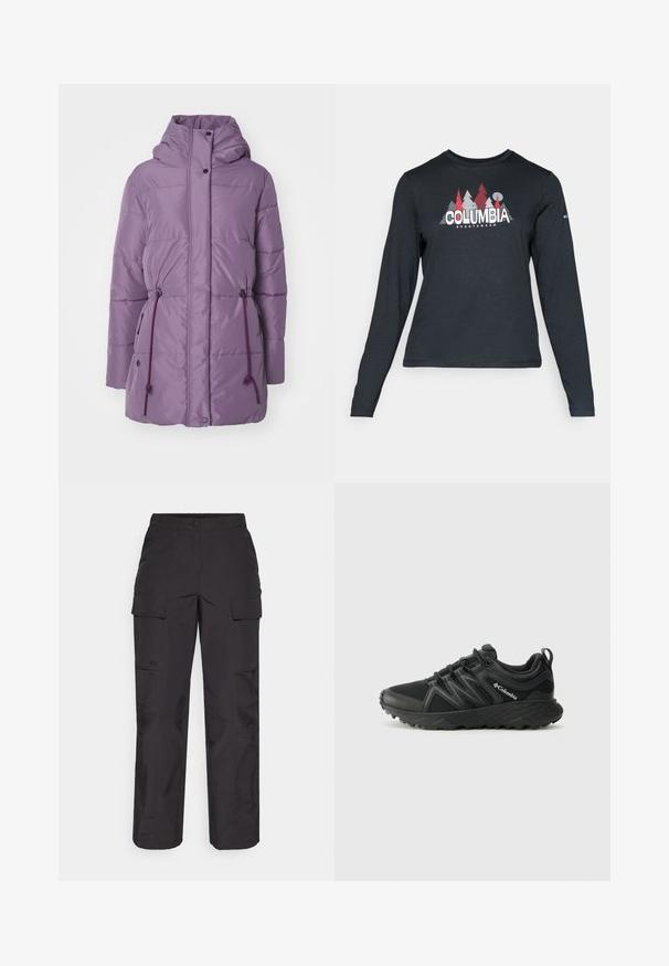 Vastagított kabát világos lila színben, kapucnival, húzózsinórral a deréknál, pattintós gombokkal és oldalsó zsebekkel. Sima felület és modern dizájn.; Hosszú ujjú, sötétszürke ing piros fákkal és hegyekkel díszítve; a "COLUMBIA" logó vastag fehér betűkkel. Puha anyag, klasszikus kerek nyakkivágás.; Fekete munkásnadrág tartós anyagból, számos oldalsó zsebbel, gombos záródással és laza, egyenes szárú kialakítással.; Columbia PEAKFREAK - Túracipők - black