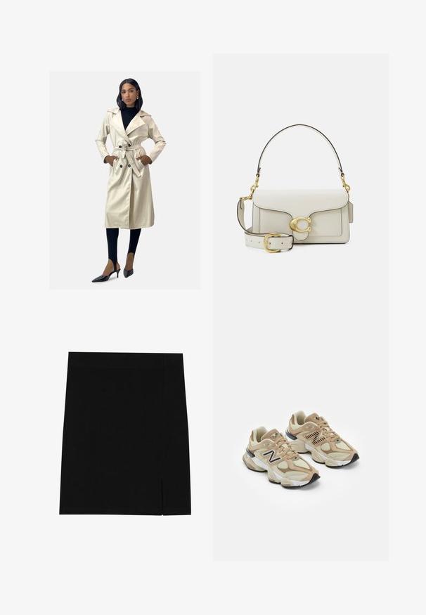 Beige, dubbelsidig trenchcoat med ett knytbälte, stora slag och sidofickor, bärs över svarta leggings och spetsiga klackskor.; Grå sweatshirt med halvdragkedja i kragen, ribbad ärmslut och en liten broderad logotyp på bröstet. Mjuk bomullsblandning.; Svart mini kjol i mjukt tyg med en åtsittande design, utrustad med en liten slits på sidan för extra detalj.; Beiga sneakers i mesh och mockamaterial. Har en svart logotyp och texturerade detaljer. Tjock vit mellansula och svart gummisula.; Vit läderhandväska med guldfärgade detaljer, utrustad med flikstängning och justerbar, avtagbar rem. Rundad metalldekoration i mitten.