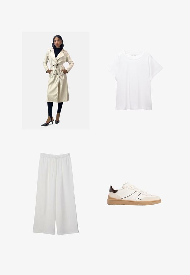 Beige, dubbelsidig trenchcoat med ett knytbälte, stora slag och sidofickor, bärs över svarta leggings och spetsiga klackskor.; Vit t-shirt som är gjord av mjukt, lätt tyg. Har en rund halsringning och korta, vida ärmar med en avslappnad passform. Inga synliga mönster.; Vita vida byxor i lätt tyg med elastisk midja och dragsko för justerbar passform. Mjuk textur.; Stradivarius Sneakers - white