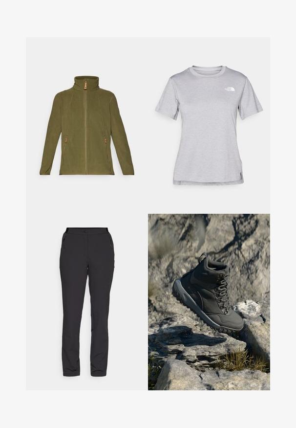 Olíva zöld polárdzseki magas gallérral, teljes hosszúságú cipzárral, és két oldalsó zsebbel, bőrhúzókkal és kontrasztos varrással.; Szürke, rövid ujjú póló, puha, nedvességet elvezető anyagból készült. Kerek nyakú, és egy kis fehér logó található a bal felső részen.; Fekete kültéri nadrág, könnyű anyagból készült, egyenes lábbal, cipzáras oldalzsebekkel és állítható derékkal rendelkezik.; Sötétszürke túrázócipő szintetikus anyagból, párnázott gallérral, fém fűzőlyukakkal és bordázott gumitalppal a tapadásért.