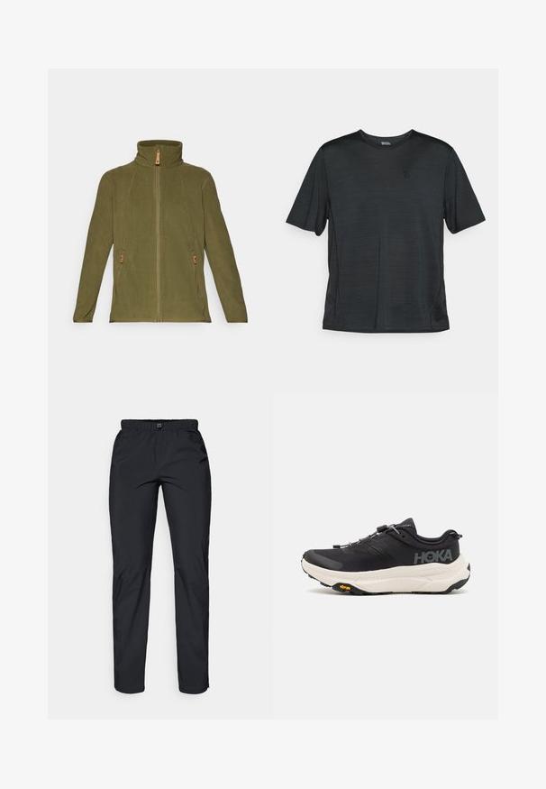 Olive green fleece jacket with high collar, full front zipper, and two side pockets featuring leather pulls and contrasting stitching.; Black short-sleeve athletic shirt made of lightweight, moisture-wicking fabric. Features a round neck and a small logo on the chest.; Black, lightweight, water-resistant pants with an elastic waistband and two side pockets; smooth texture; straight-leg design.; Black athletic shoes with a breathable mesh upper, rubber outsole, white cushioning midsole, and reflective laces. Vibram logo on outsole.