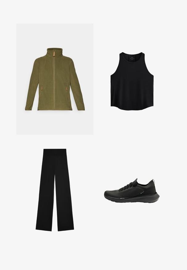 Oliivinvihreä fleecetakki korkealla kauluksella, täyspitkällä vetoketjulla ja kahdella sivutaskulla, joissa on nahkavedot ja erottuva ommel.; Musta hihaton pusero, joka on valmistettu sileästä kankaasta. Siinä on pyöreä pääntie, suora leikkaus ja sivupaneelit, joissa on huomaamaton tekstuuri.; Mustat leveälahkeiset housut sileästä kankaasta, joissa on korkea vyötärö ja ei näkyviä kiinnityksiä. Yksinkertainen muotoilu puhtaalla siluetilla.; Musta urheilukenkä, jossa on teksturoitu verkkokangas päällinen, kaartuva pohja ja minimalistinen muotoilu, jossa nauhallinen sulkeminen ja hillitty brändäys.