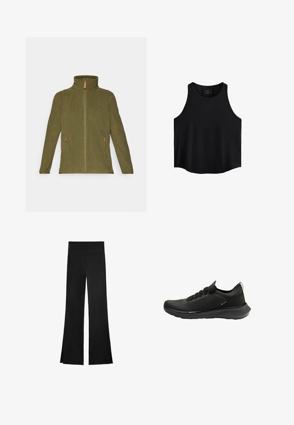 Olivově zelená fleecová bunda s vysokým límcem, plným předním zipem a dvěma bočními kapsami s koženými taháčky a kontrastním prošíváním.; Černý bezrukávový top vyrobený z hladké látky, s kulatým výstřihem, rovného střihu a postranními panely s jemnou texturou.; Černé kalhoty s širokým střihem, mají vysoký pas a boční rozparky pro snadný pohyb. Vyrobené z hladké, pružné tkaniny.; Černá sportovní obuv s texturovaným síťovaným svrškem, zakřivenou podrážkou a minimalistickým designem s tkaničkovým zapínáním a nenápadným značením.