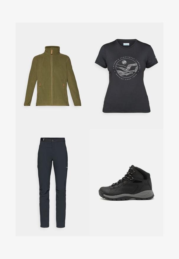 Olivgrüne Fleecejacke mit hohem Kragen, durchgehendem Reißverschluss und zwei Seitentaschen mit Ledergriffen und kontrastierenden Nähten.; Schwarzes Columbia-T-Shirt mit weißer kreisförmiger Berg- und Fluss-Linienkunst und dem Text "Columbia Sportswear Company - Draußen seit 1938."; Herren Outdoor-Hosen, dunkelgrau, aus flexiblem Material, mit einem Gürtel, Reißverschlusstaschen und verstärkten Nähten.; Schwarzer Wanderstiefel mit einem mittelhohen Design, ausgestattet mit einer strukturierten Oberfläche, grauen Akzenten und einer robusten Gummisohle mit Profilstollen.