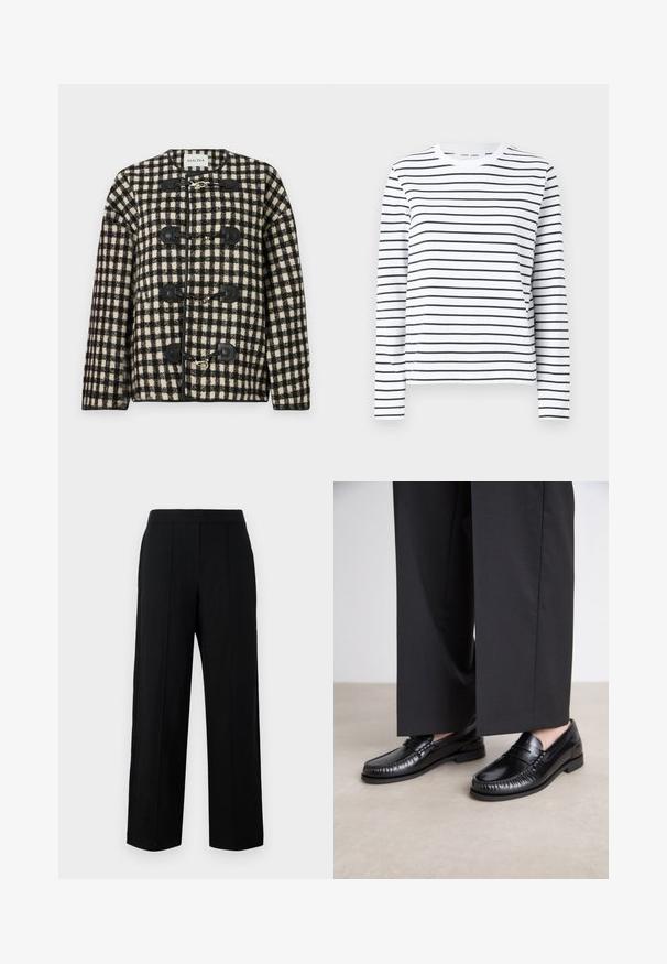 Black and white checkered jacket made of textured fabric, featuring black toggle fastenings and a round neckline. Alternative beige background.; Long-sleeve shirt in white cotton with black horizontal stripes. Features a round neck and a relaxed fit. No notable accents or patterns.; Black wide-leg trousers made of smooth fabric, featuring a flat front, two vertical seams, and a simple waistband design.; Black leather loafers with a smooth finish, stitched detailing around the toe, and a low rubber sole. Paired with wide black trousers.