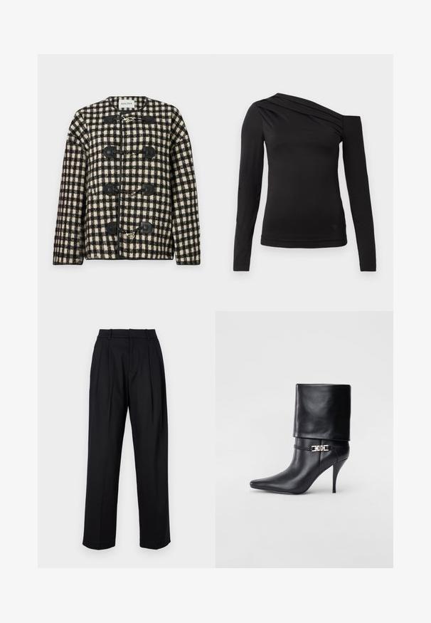 Čierno-bielo kockovaný kabát vyrobený z textúrovanej tkaniny, s čiernymi uzávermi na gombíky a okrúhlym výstrihom. Alternatívne béžové pozadie.; Čierny dlhý rukáv top s asymetrickým výstrihom, ktorý odhaľuje jedno rameno a má jemné drape po hrudi.; Čierne nohavice s presne tvarovaným strihom, s vysokým pásom, skladačkami a rovným strihom nohavíc. Vyrobené z hladkej látky v jednej farbe.; Čierna kožená členková topánka s špicatou špičkou, vysokým ihlovým podpätkom, prehnutým manžetom a zlatým dekoratívnym sponou na členku.