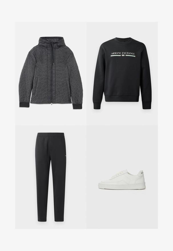 Kvalitetna crna puffer jakna sa kapuljačom, sa zatvaranjem na zip, bočnim džepovima i teksturiranim uzorkom na tkanini. Mekani, lagani materijal.; Crna dukserica napravljena od mekog materijala. Ima okrugli izrez i duge rukave. Na prednjoj strani se nalaze natpisi "ARMANI EXCHANGE" i "1991" u kontrastnim bojama.; Crne trenirke izrađene od mekanog materijala, sa elastičnom trakastom, ravnim nogavicama i jednim malim logom sa strane.; Bijele kožne tenisice s glatkom površinom, okruglim vrhom, ravnim vezicama i teksturiranom potplatom. Imaju suptilan logo na peti.